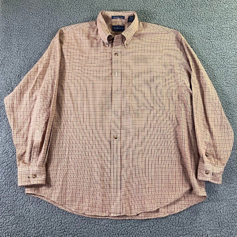 Gant Heritage Twill Mens XL Button Down Shirt Plaid Burgundy Gold Long‎ Sleeve